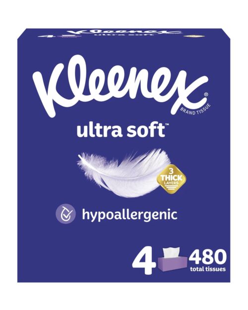 Kleenex Ultra Soft Facial Tissues, 4 Flat Boxes, 120 White Tissues per Box, 3-Pl