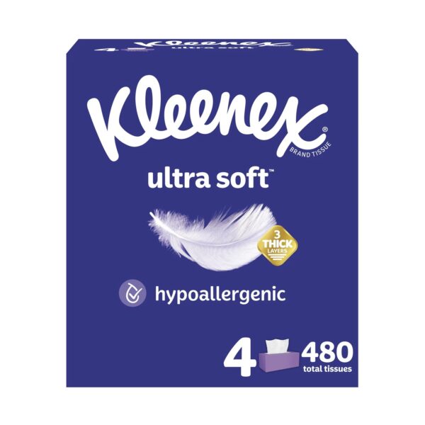 Kleenex Ultra Soft Facial Tissues, 4 Flat Boxes, 120 White Tissues per Box, 3-Pl