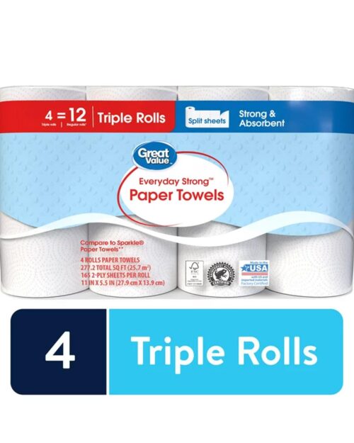Great Value Everyday Strong Paper Towels, Split Sheets, 4 Triple Rolls